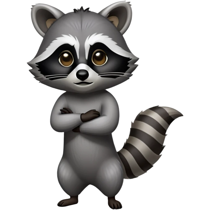Cinematic-Raccoon-Realistic-Full-Body-Standing-Emoji – Tail flicking lazily, head tilted dramatically, thick grey fur with a signature black mask, sharp and alert ears, simplified yet realistic focused features, highly detailed, glowing with an almost sarcastic glow. emoji