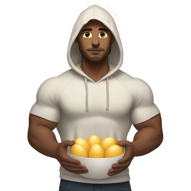 Buff white man with hoodie and dark brown hair holding a ton of eggs emoji