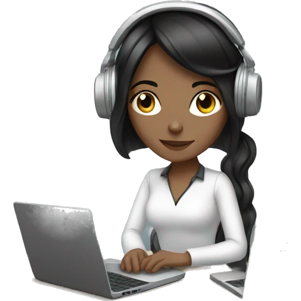 white girl with black hair working on laptop with headphones emoji