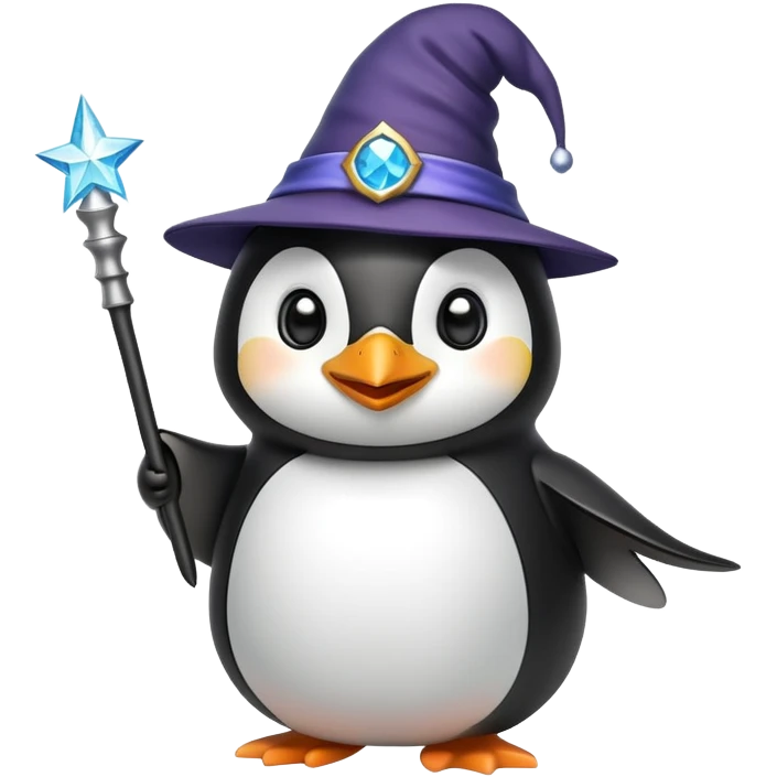 penguin wearing a wizard hat and holding a magic wand emoji
