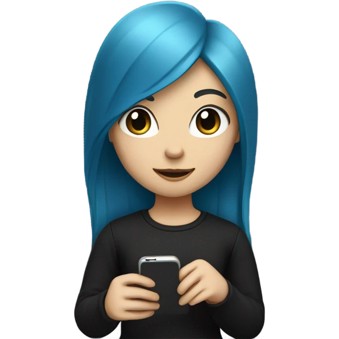 white skin girl with long blue hair in black clothes holding a phone emoji