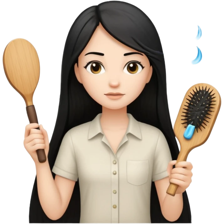 A white woman with long, straight black hair, wearing an ivory-colored shirt, holding a wooden paddle hairbrush in her left hand and spraying a hair mist bottle with her right hand toward her hair. emoji