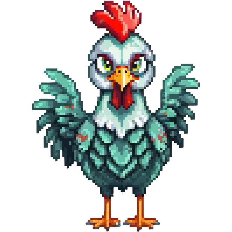 A cute blue-green rooster chicken with big eyes, red comb, small wings, skinny legs, and goofy expression emoji