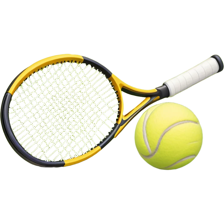 A tennis racket and ball placed on the grass court, with the lines of the court clearly visible in the background. The scene captures the essence of the sport, highlighting the equipment and the vibrant, open atmosphere of a tennis match emoji