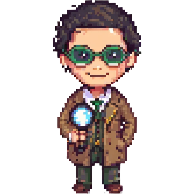 detective man with magnifying glass, raised eyebrows, smiling, pixel art style emoji