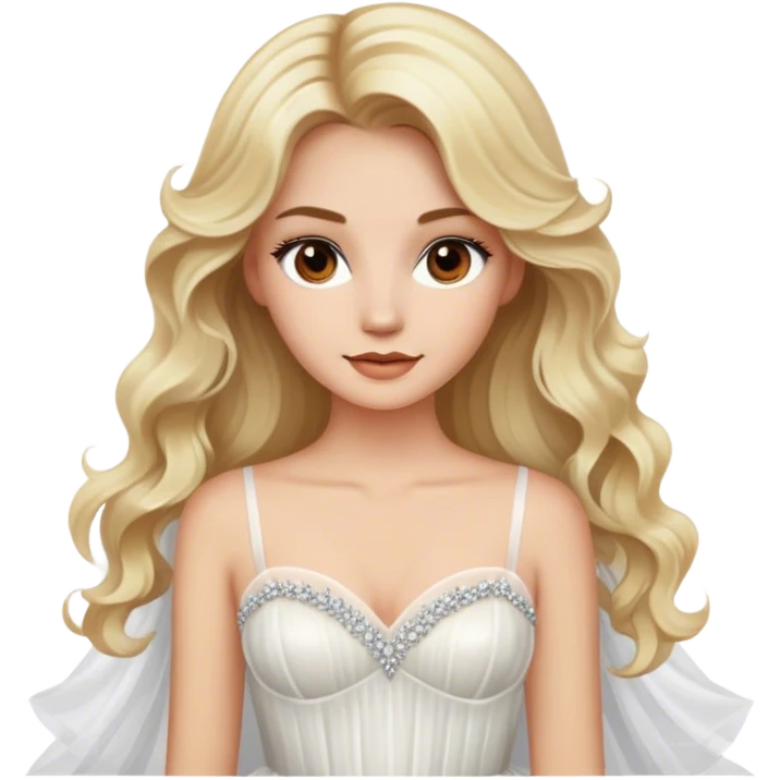 pretty blonde with brown eyes, long wavy hair, glamorous white tulle gown emoji