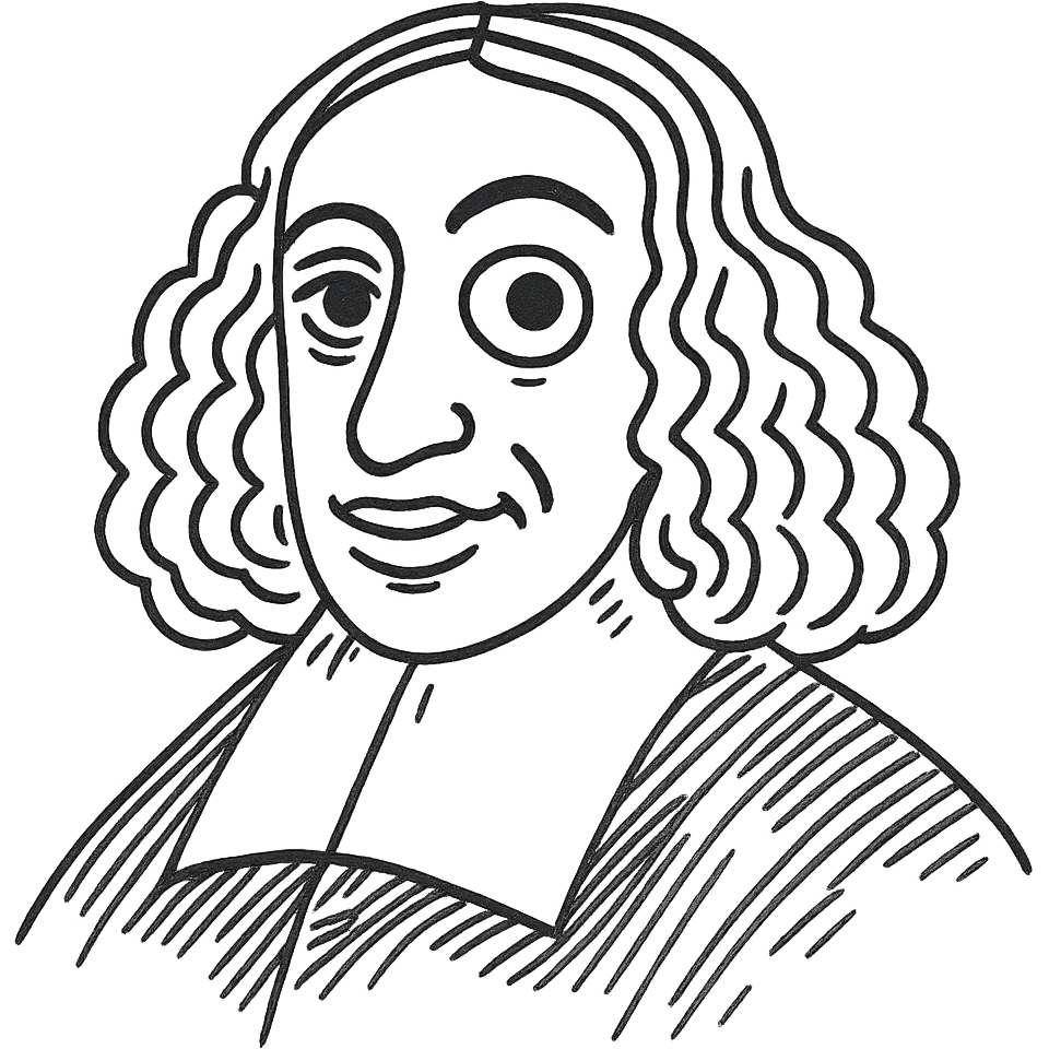 Make the right pupil of Spinoza's eye bigger, keeping the rest of the hand-drawn detail, facial features, long curly hair, 17th-century collar unchanged. Maintain the black outline icon style with transparent background. emoji