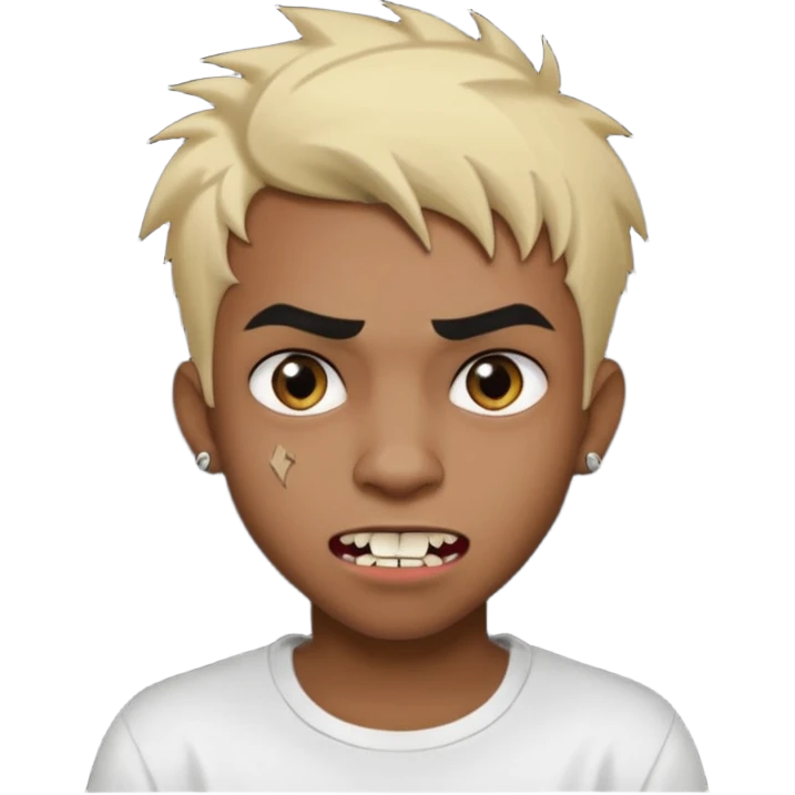Black Male Teenager with Short punk messy blonde hair, Dark brown bushy eyebrows large expressive golden-brown eyes, wearing a plain white t-shirt, Dark Brown skin color. vampire tooth emoji