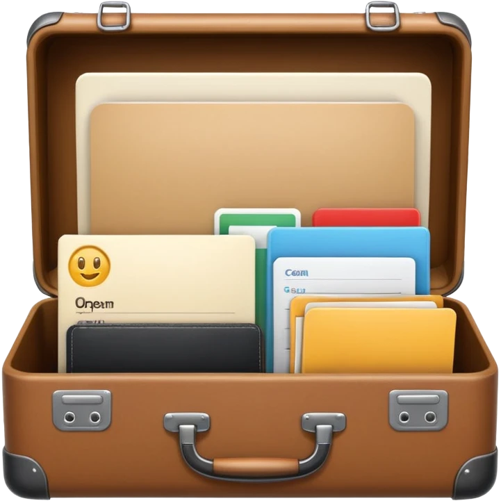 open suitcase with icons for CRM, tasks, chat, and documents, clean modern emoji style emoji