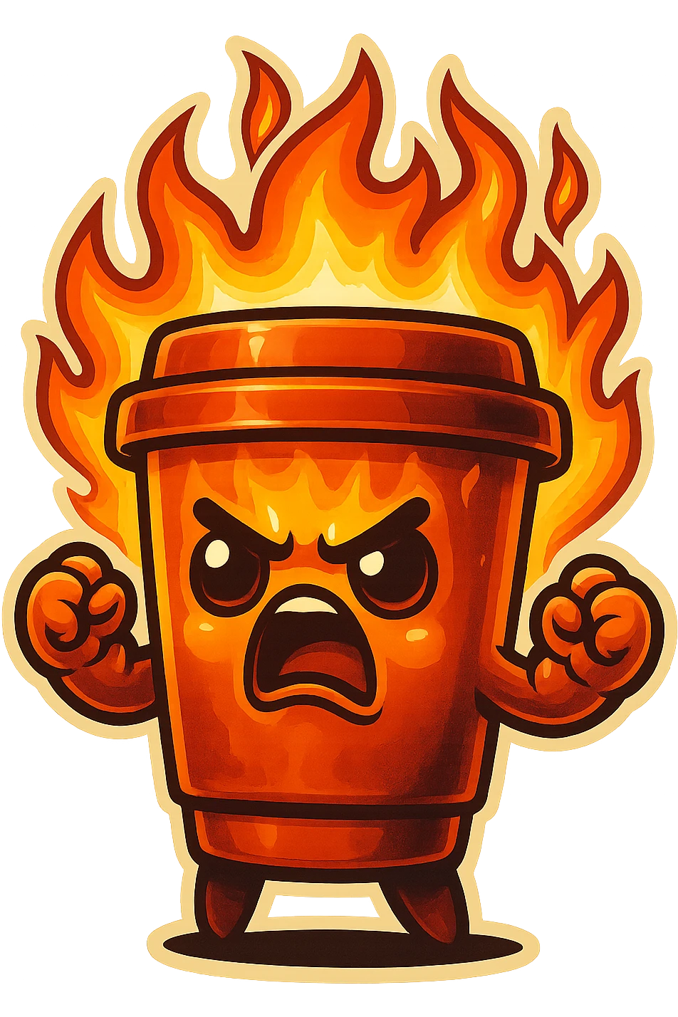 Tall coffee cup, angry, on fire, clenched fists, yelling emoji