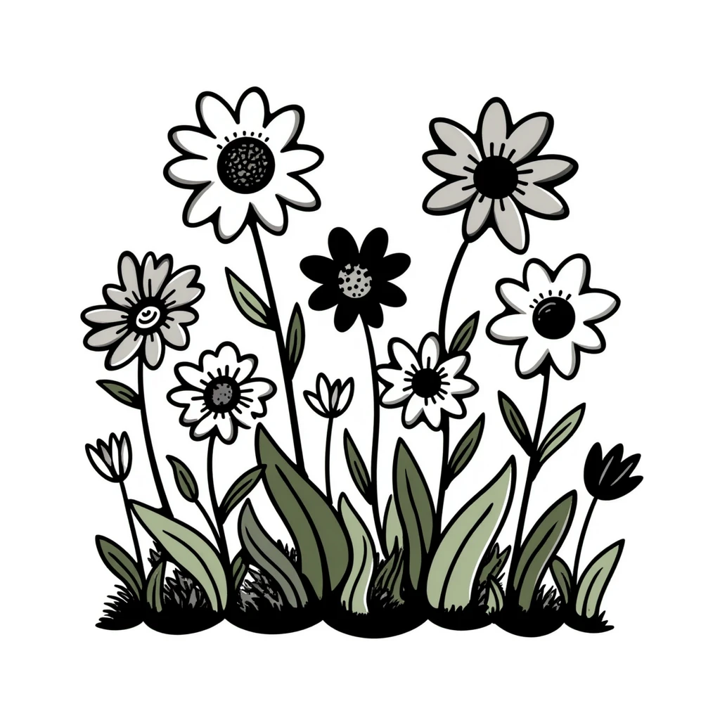 a detailed flower bed with hand drawn doodle style emoji