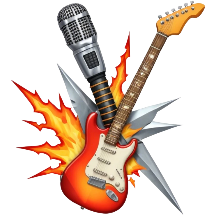Create a bold and powerful emoji representing rock vocal performance in a humanless collage. The design should feature a vintage microphone at the center, surrounded by a heavy, aggressive hardcore electric guitar with sharp, jagged edges. Include crossed drumsticks behind the guitar, symbolizing the intense rhythm of rock music. Add fiery elements like flames or lightning bolts to enhance the raw energy of the design. Use dark, bold colors like black, red, and silver, with metallic or chrome accents to reflect the rebellious, hard-hitting nature of rock. The background should be transparent. emoji