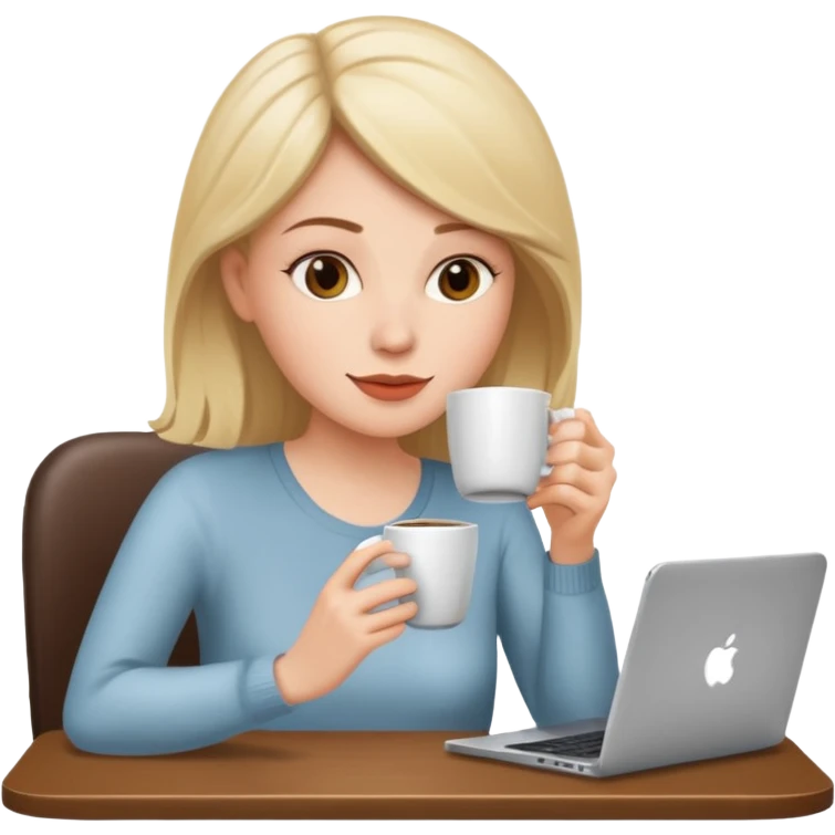 mujer blanca tomando un solo cafe y con un computador sentada en una mesa  emoji