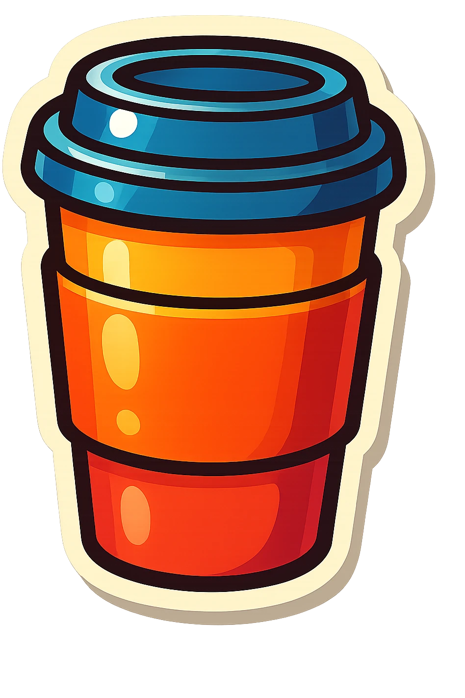vector-style drawing of a takeaway coffee cup with a sleeve and lid, retro sticker style, bold outlines, glossy highlights, bright, smooth, playful emoji