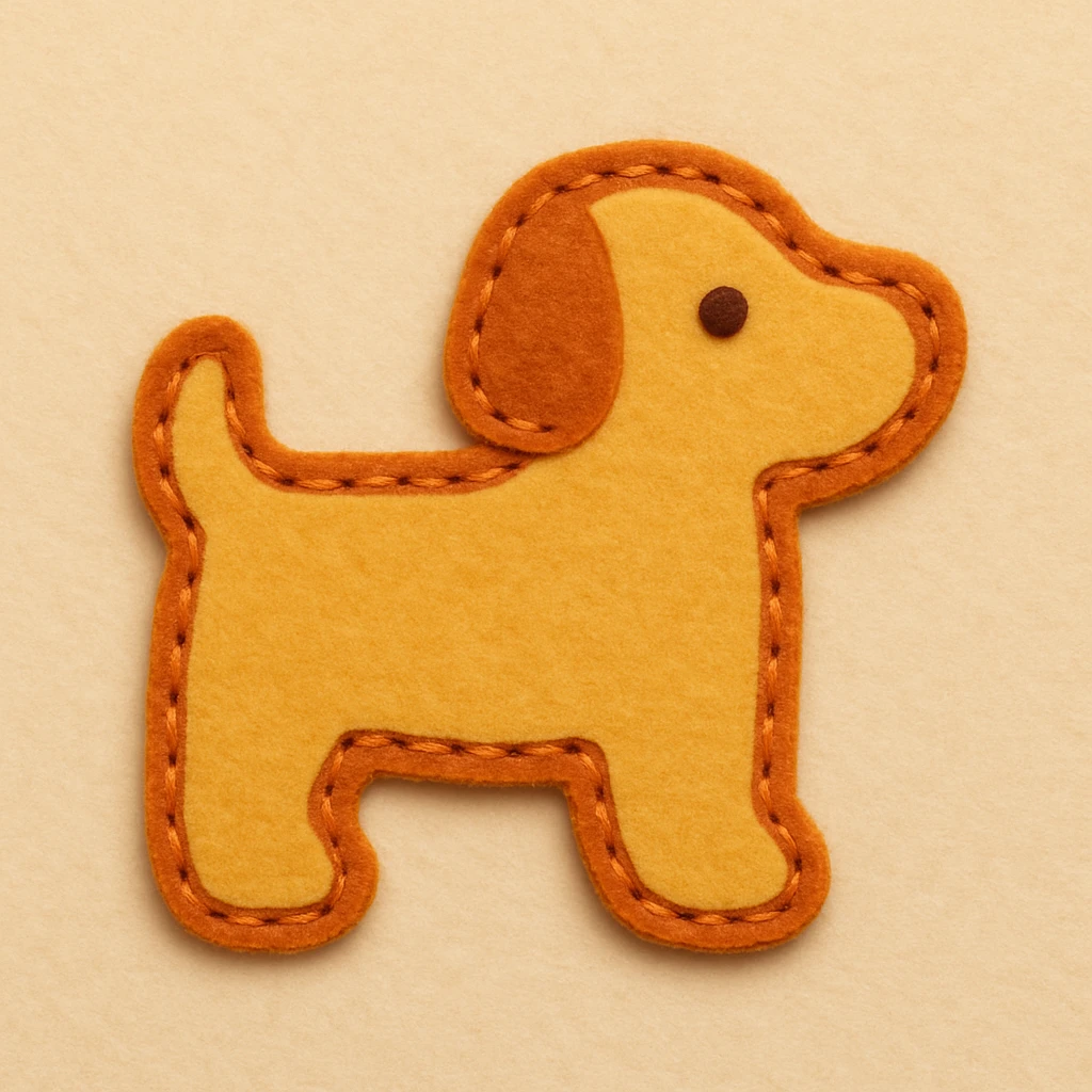 Minimal felt appliqué dog icon, low-detail, smooth rounded edges, moderate contrast orange stitched border, soft matte felt texture, warm brown and yellow palette, small dot eyes, no mouth, flat angle, soft beige background emoji