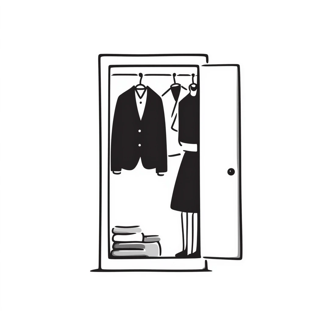 Hand-drawn minimalist wardrobe, slightly open revealing neatly arranged business attire emoji