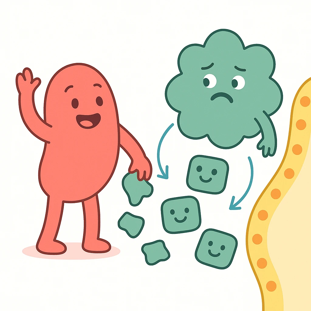 Ultra-detailed emoji-style illustration of enzyme digestion: Red amylase breaking green starch into sugars near a yellow cell membrane. Clean white background, no text. Scientific but simple, cartoon-exact shapes emoji