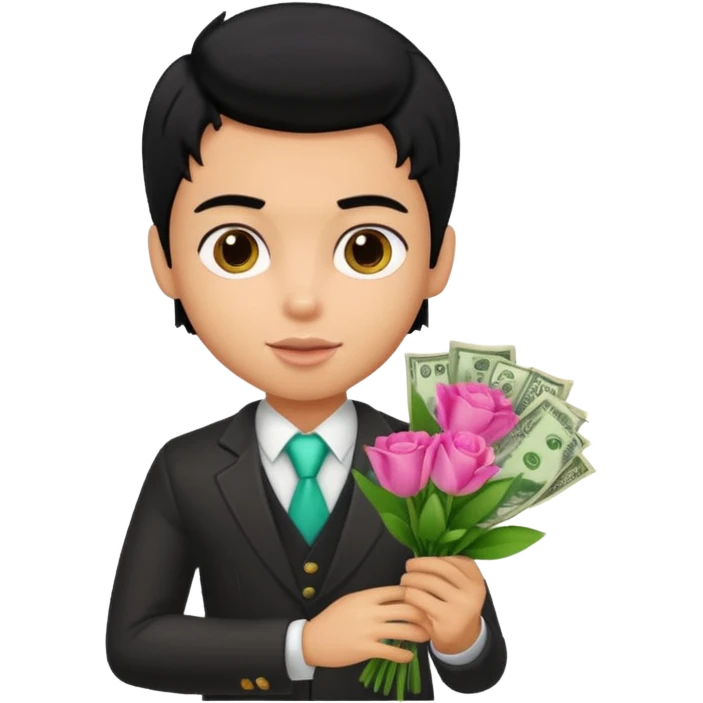 a pretty bratz boy with black hair, holding a bouquet made of money emoji