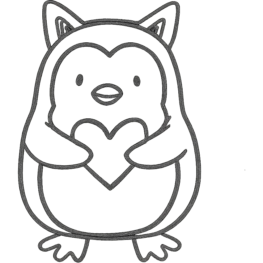 penguin holding a heart, wearing kitty ears, hand drawn icon style, sketchy black lines, no fill, playful, minimal, no background emoji