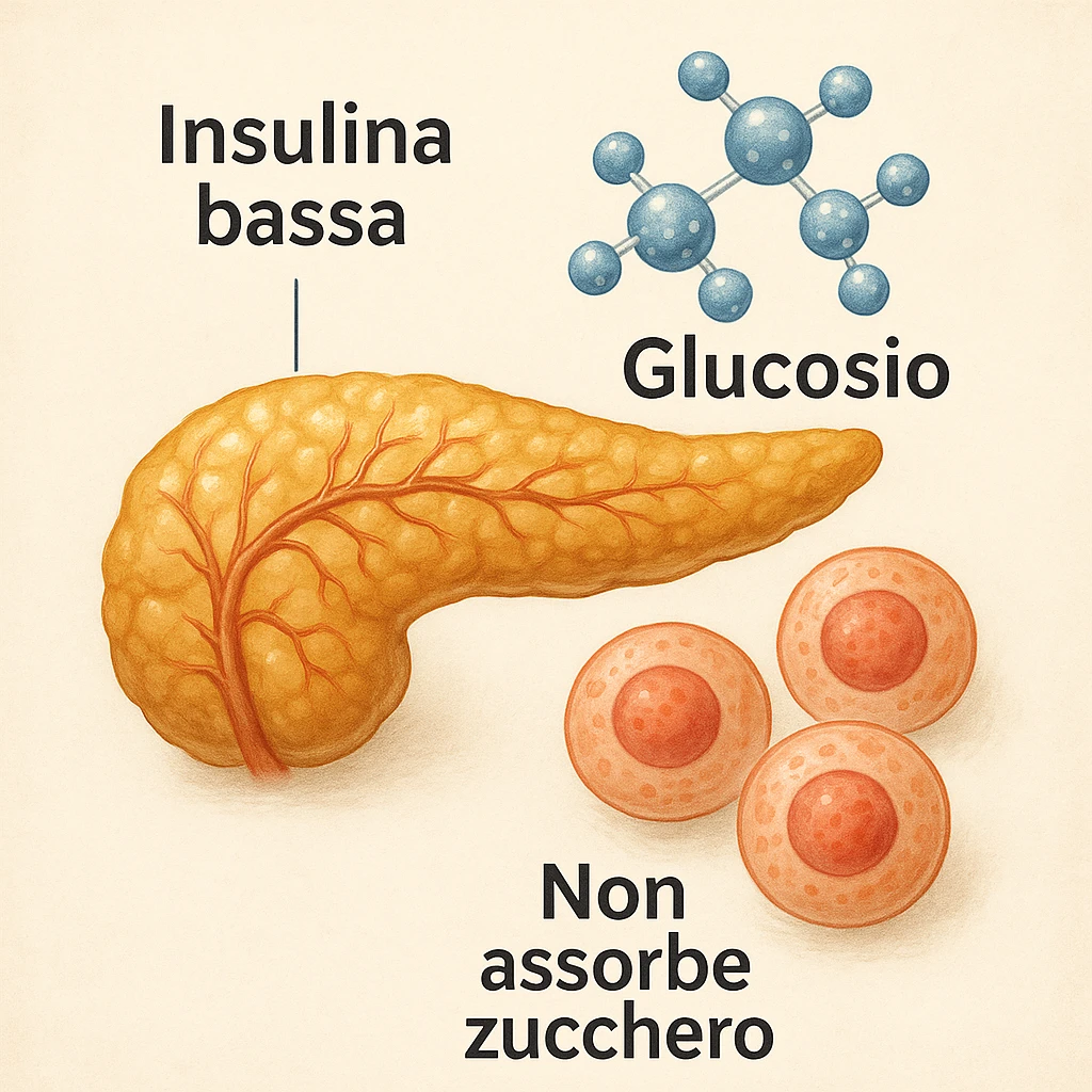 Add clear and legible Italian text to the icons in a realistic and symbolic-medical style: label the pancreas with 'Insulina bassa', the molecules with 'Glucosio', and the cells with 'Non assorbe zucchero'. Maintain the realistic and symbolic-medical style with clear and readable text. emoji
