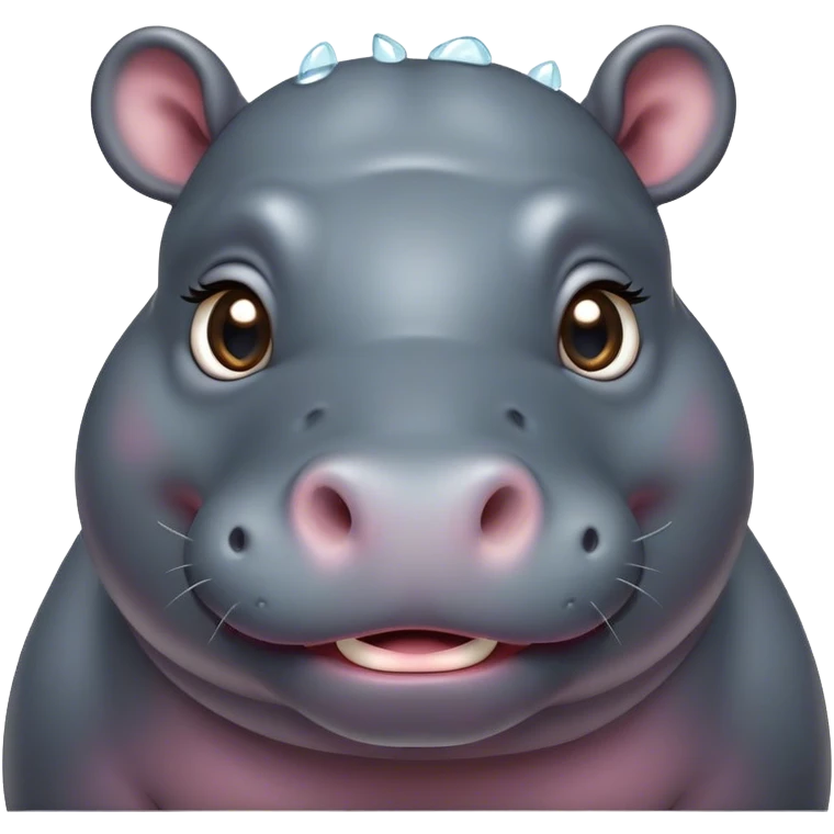 Cinematic Cute Hippo Portrait Emoji, Head tilted playfully and inquisitively, featuring a glossy slate-gray hide with a gentle sheen and round, sparkling eyes filled with curious charm, Simplified yet irresistibly adorable features, highly detailed, glowing with a warm, friendly glow, high shine, affectionate and serene, stylized with a touch of aquatic whimsy, bright and endearing, soft glowing outline, capturing the essence of a mischievous yet loving hippo, so playful it feels like it could splash out of the screen and into your arms! emoji