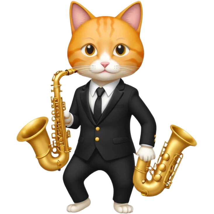 orange cat play gold saxophone, wear black suit emoji