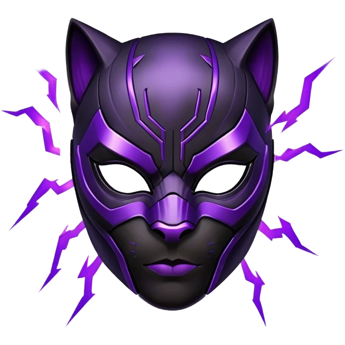 Black Panther superhero face only, black cat-like mask, purple lightning effects emoji
