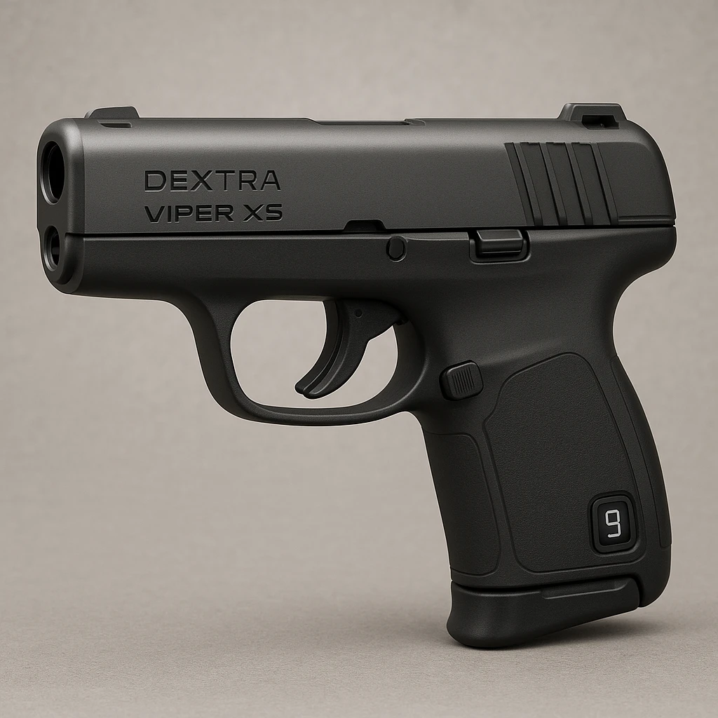 realistic, compact semi-automatic handgun called the Dextra Viper X5, designed for deep concealment and rapid draw, smooth rounded exterior, monolithic matte graphite slide with subtle top serrations, flush-fit ported barrel, polymer-composite frame with curved ergonomic grip and soft overmold panels, no front rail, optic-ready slide cut, recessed digital ammo counter on rear grip, lightweight, minimalist, snag-free design emoji