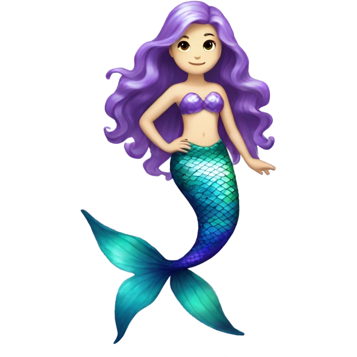 Iridescent mermaid tail full body white girl long hair brown and purple emoji