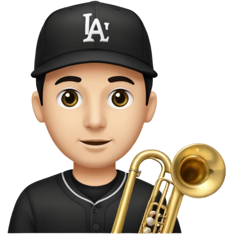 Un señor tocando el trombón (viendo hacia arriba, con los ojos cerrados), que tenga una gorra de béisbol negra de LOS ANGELES (LA), vestido todo de negro emoji