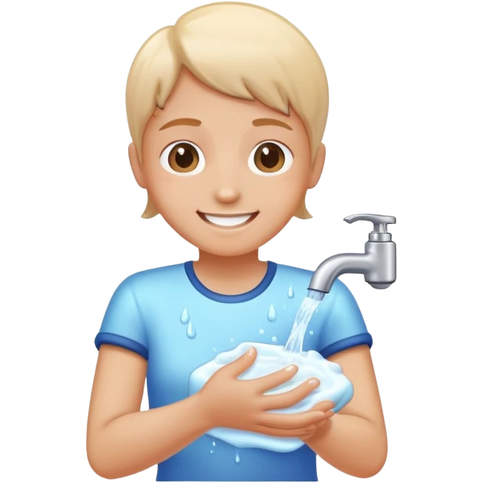 person washing hands with soap and water, cheerful expression, simple and clear emoji