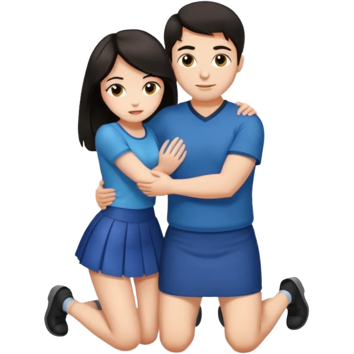 man with dark hair on knees, facing dark haired woman in a micro mini skirt, hugging her waist emoji