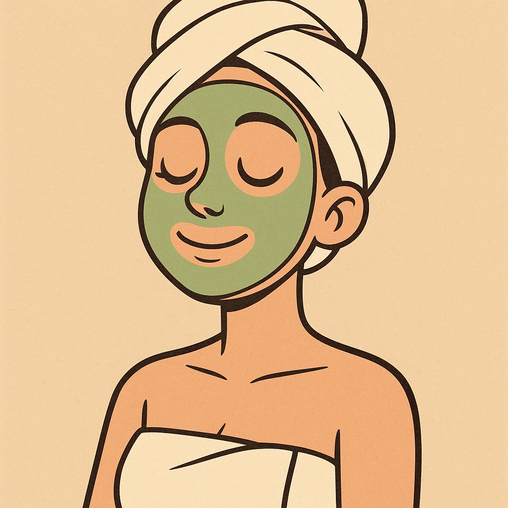 lady with a green spa face mask, eyes closed, wrapped in a towel, peaceful, cartoon style emoji