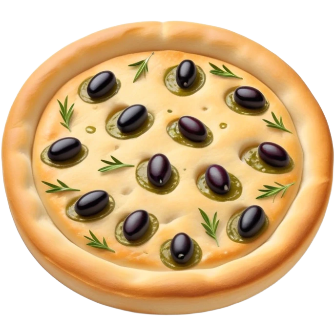 cinematic-realistic-focaccia-bread-dish-emoji,-depicted-as-a-golden,-olive-oil-brushed-flatbread-sprinkled-with-herbs-rendered-with-lifelike-texture-and-soft,-appetizing-lighting showing olives on top  emoji