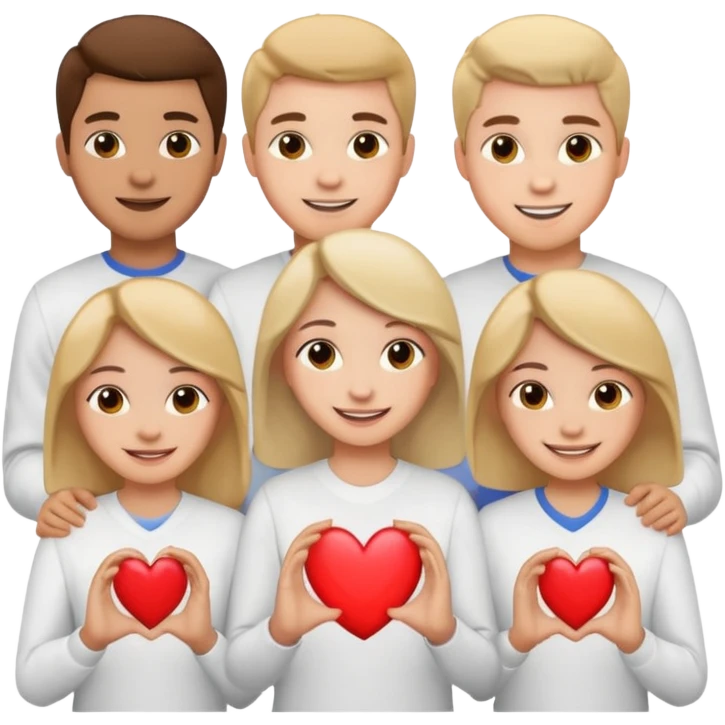 Создай очень счатливых 24 учиников показывающих сердечко в белой рубашке emoji