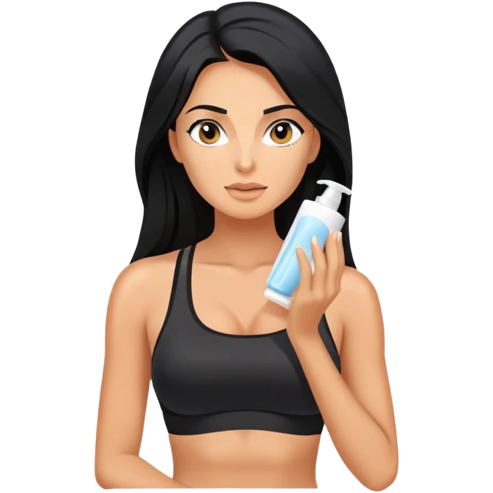 beauty routine, spa, face cream, long black hair tanned woman, black sports bra, sexy, hot  emoji