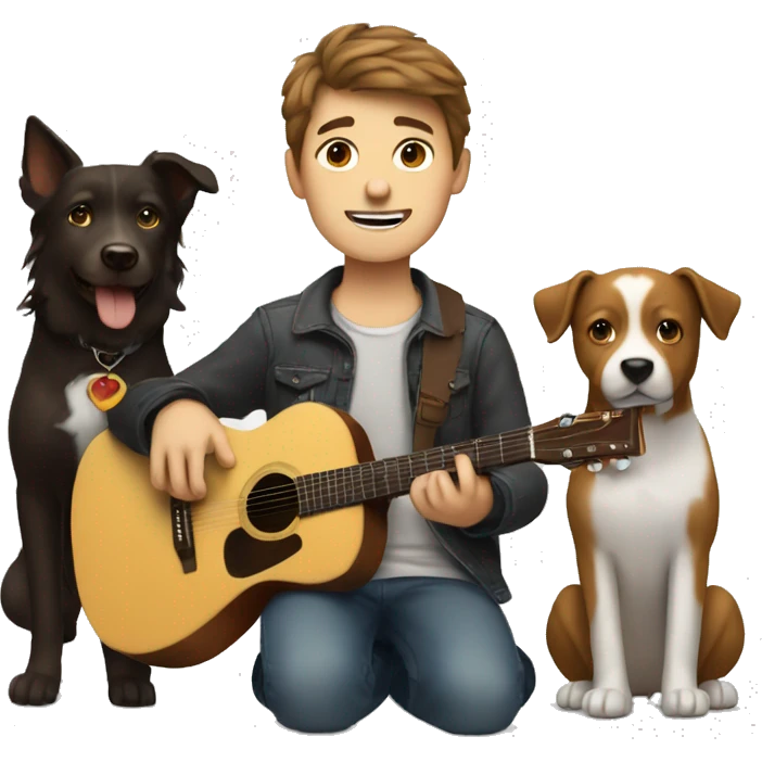Boy with brown hair with a guitar, a computer, and two dogs. emoji