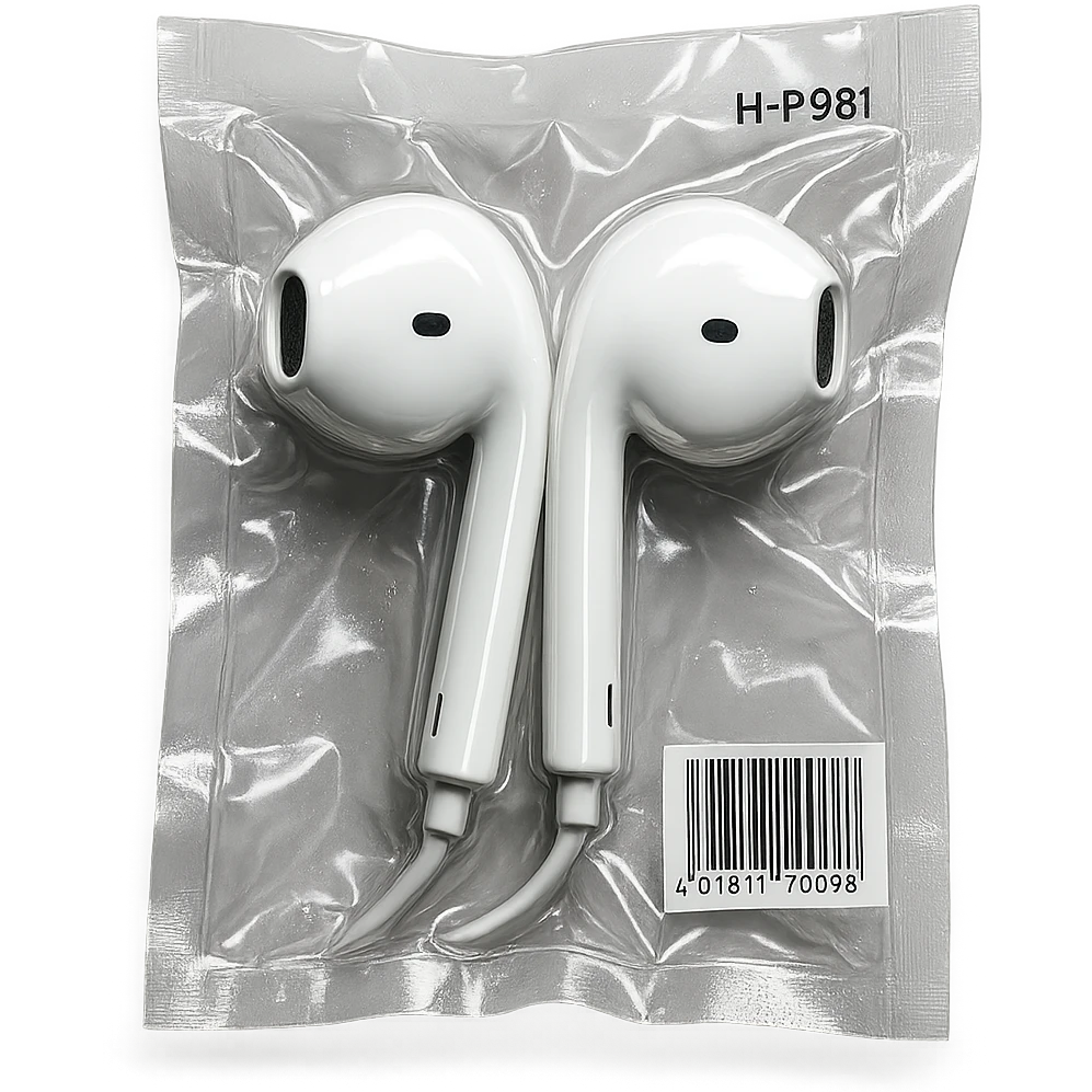 pair of white EarPods, shiny and inflated look emoji