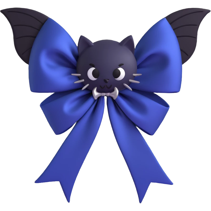 3D emoji gothic bow, midnight blue silk, silver bat brooch, black feather accents, mysterious and lush emoji