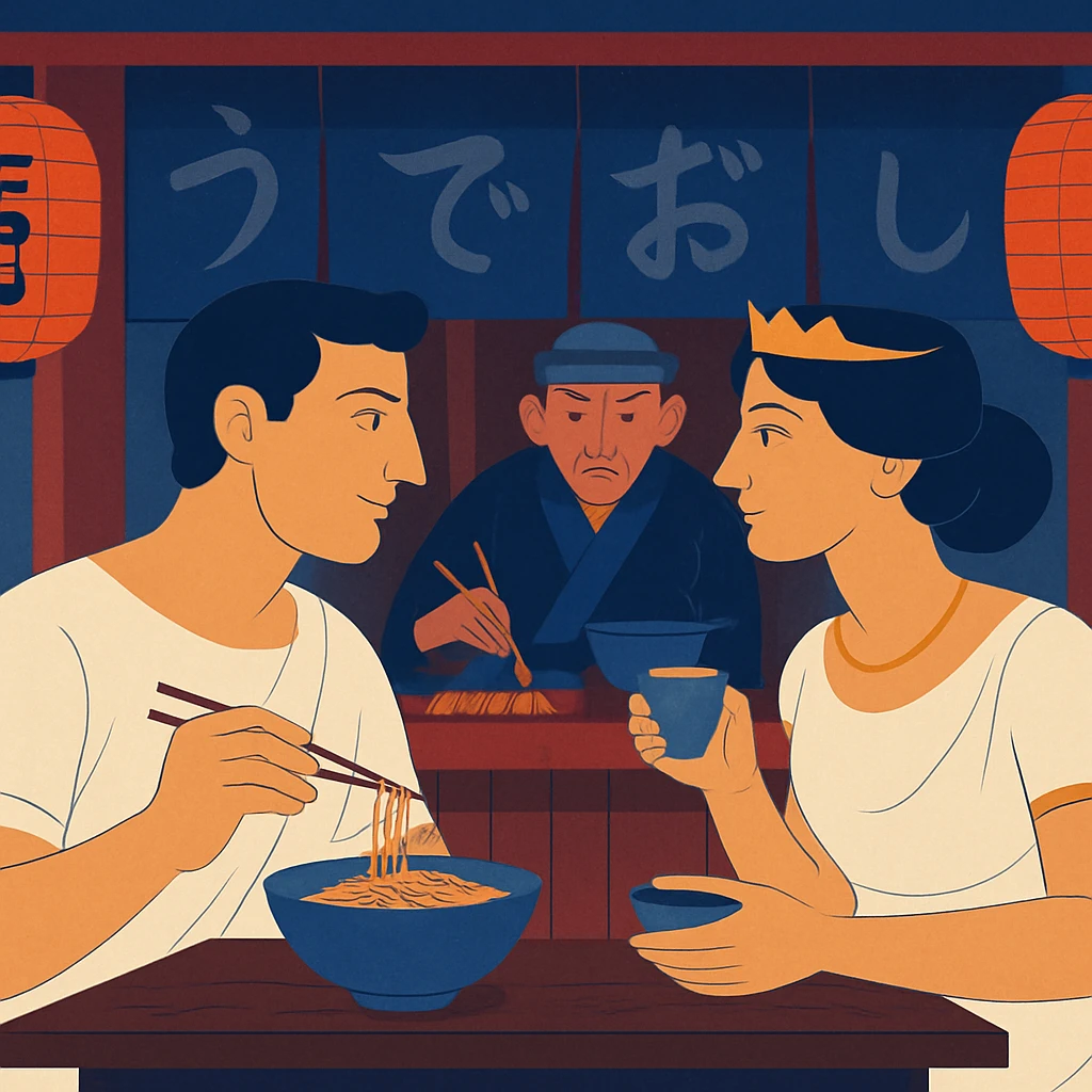 roman style illustration of couple dining in Japanese street cafe, avoid yellow color tint
 emoji