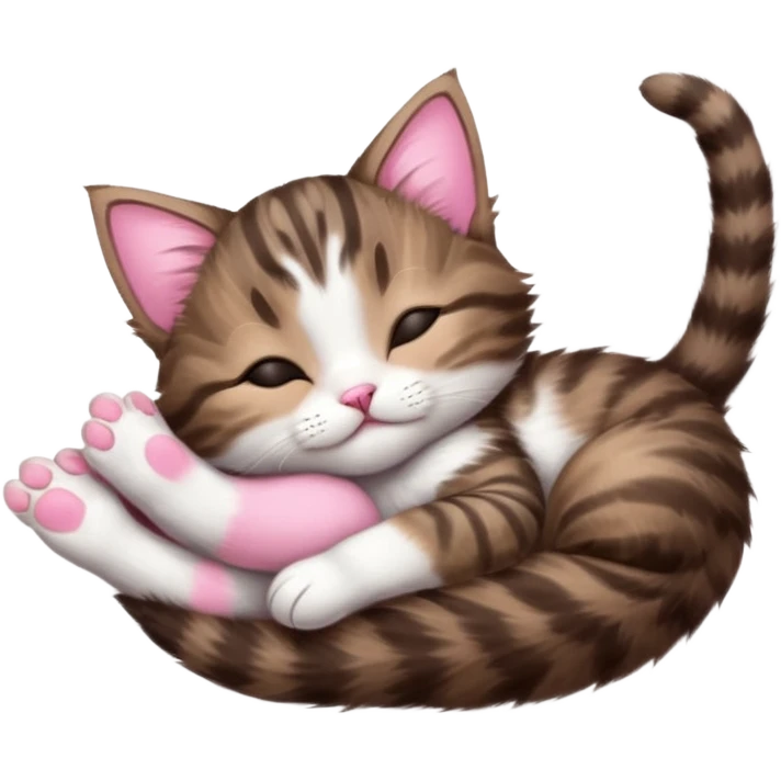 dark brown tabby and white kitten sleeping whilst in funny positions stretched out and  upside down emoji