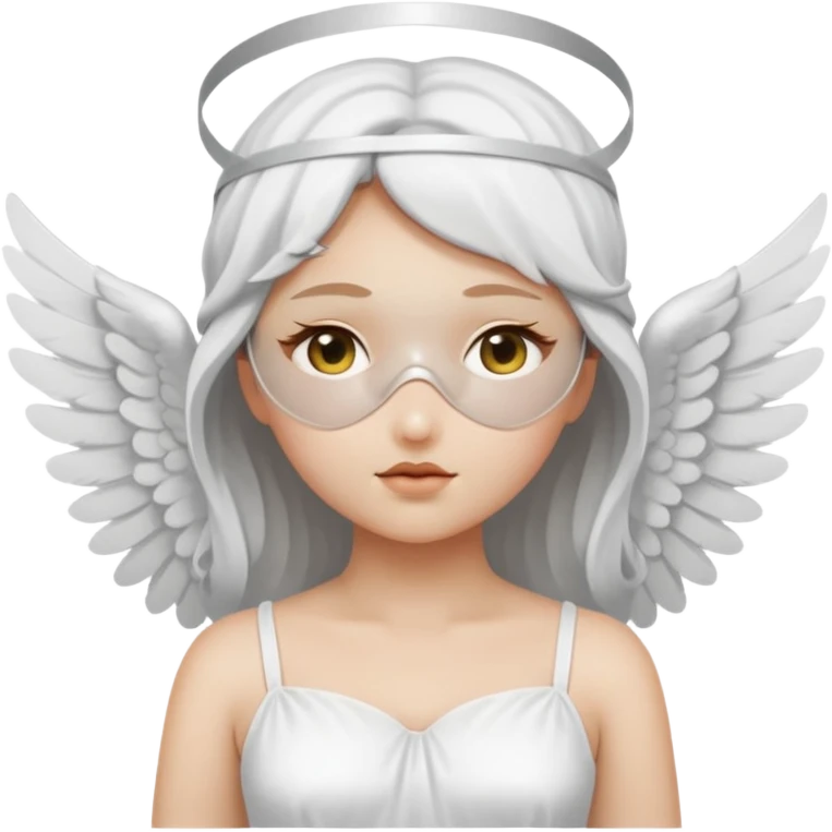 angel with white blindfolds on eyes (don't show eyes), white dress, light gray skin and  two large wings emoji