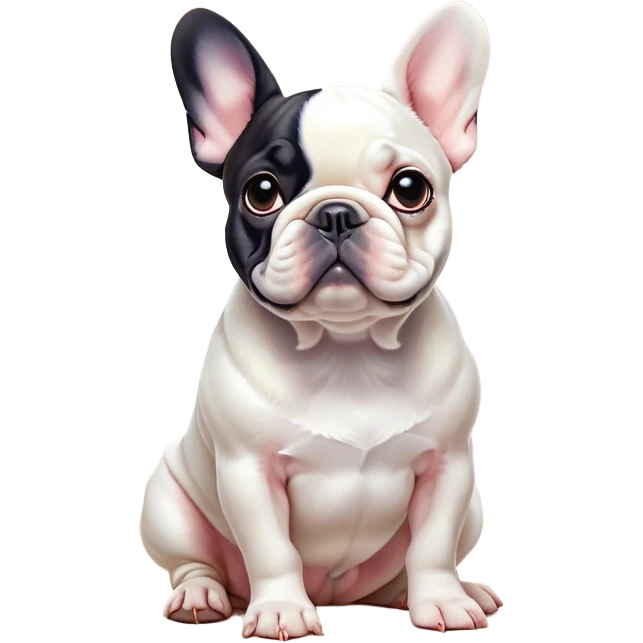 Cinematic Noble Pied French Bulldog Portrait Emoji, Radiating regal yet playful charm, with a distinctive pied fur of contrasting hues and a sculpted, expressive face featuring gentle, wise eyes and a confident stance, simplified yet artistically detailed, glowing with a soft, sophisticated radiance, high shine, exuding intelligent nobility and refined flair, soft glowing outline, capturing the essence of a noble Pied French Bulldog that embodies both strength and grace! emoji