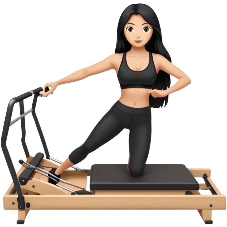 woman with bra, tanned long black hair, doing Pilates reformer emoji