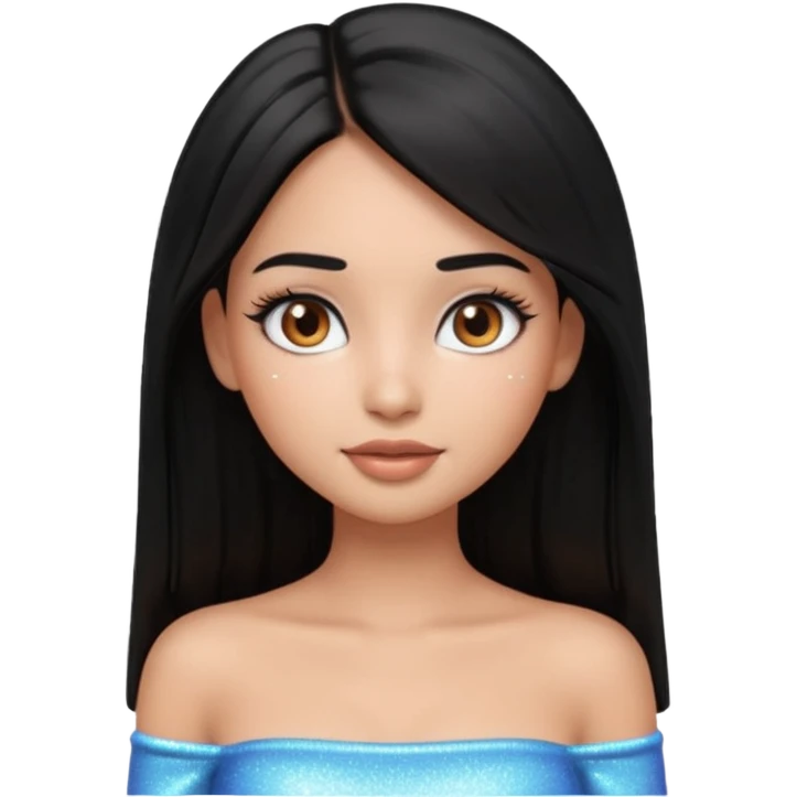 pretty cartoon girl, semi-realistic 3D emoji style, long middle parted straight black hair, tan skin, brown eyes, long eyelashes, soft glam makeup, glossy lips, smooth skin, cute aesthetic, sparkles in hair, white tube top emoji