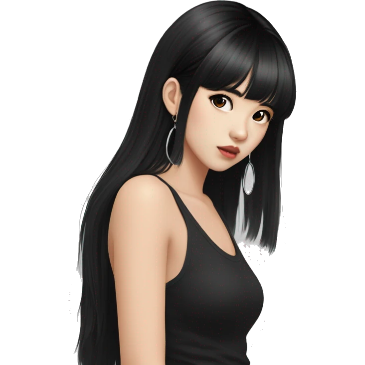 Korean girl, black tank top, black hair, black eyes, layered hair, cool girl, aesthetic, long hair, hime cut, blunt bangs, small silver hoop earrings emoji