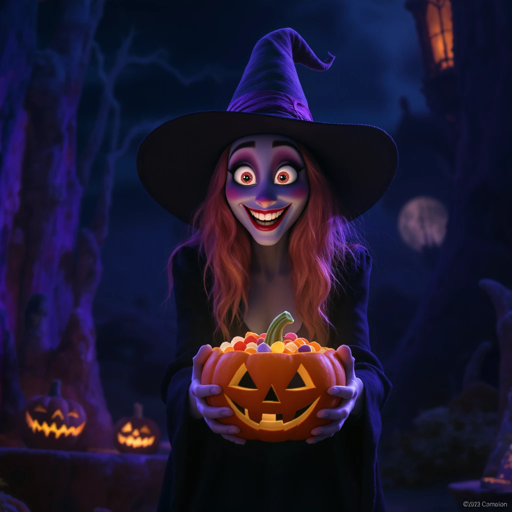 Cinematic still, Happy witch holding pumpkin bowl full of candies, triadal character placement, dark blue color background, back light, Film inspired by Hotel Transylvania, purple light emoji
