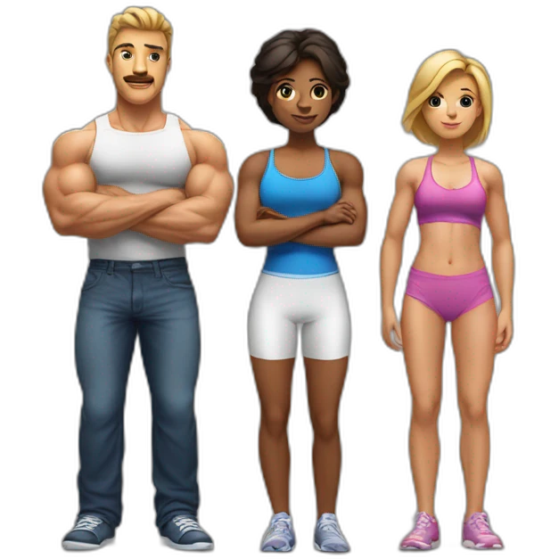 A short girl is sitting on a chair and two bodybuilders are standing behind her emoji
