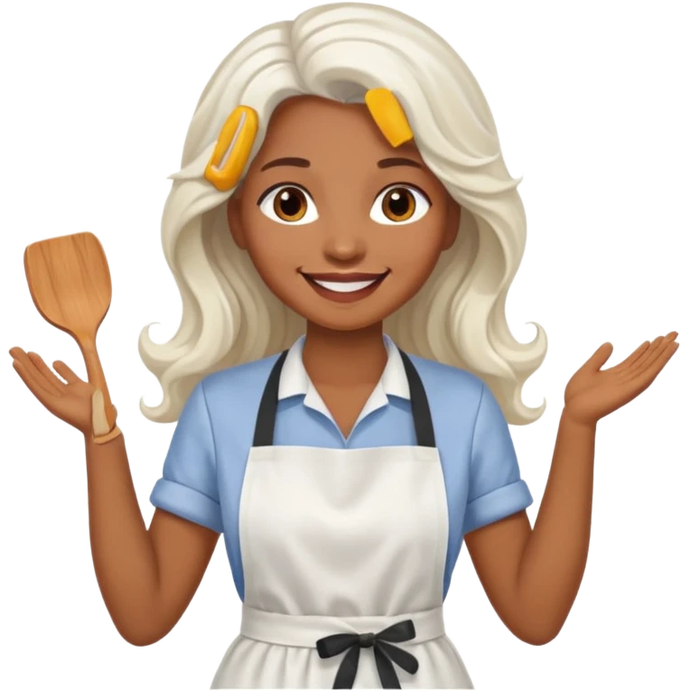 woman, brown skin, white long wavy hair, with apron emoji
