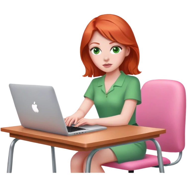 Red head green eyed  sat at desk with pink MacBook on pink chair emoji
